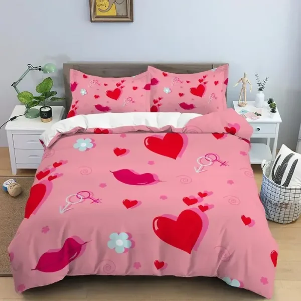 housse de couette rose coeur bisous fleurs