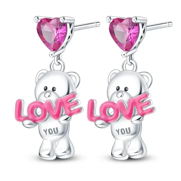 boucles d'oreilles fashion en argent sterling et zircons roses ourson LOVE