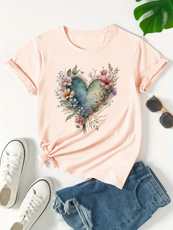 t-shirt coeur imprimé vert-bleu fleuri