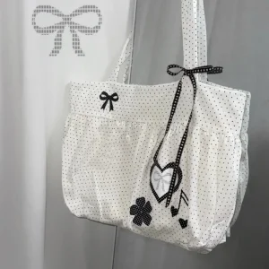 Grand sac fourre-tout coeur blanc pois noirs