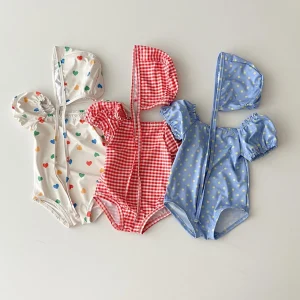 Bodysuit bébé avec bonnet d'été coeur, bleu, rouge