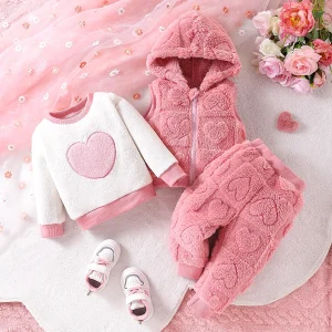 Ensemble chaud bébé coeur rose et blanc veste pantalon pull