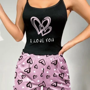 Pyjama coeur femme été double coeur noir et rose léger