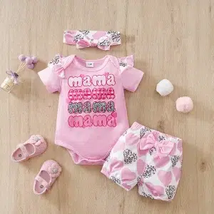 Ensemble 3 pièces bébé coeur short t-shirt bandeau mama rose