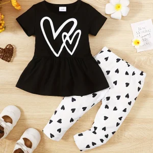 Ensemble coeur enfant fille pantalon t-shirt noir et blanc 0 à 24 mois