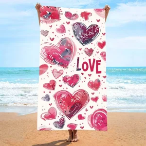 Serviette de plage coeur 27 x 55 " Love blanc rose et gris