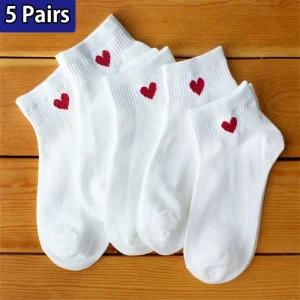 5 Paires chaussettes petit coeur rouge, blanc, noir, multi