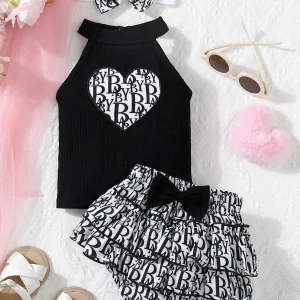 Ensemble 3 pièces bébé coeur top, short, boucle, noir et blanc