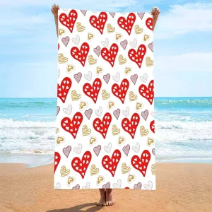 Serviette de plage coeur 27 x 55 " rouge or gris