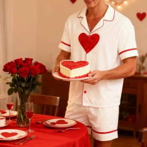 Pyjama pour homme coeur chemise et short Blanc Rouge Noir