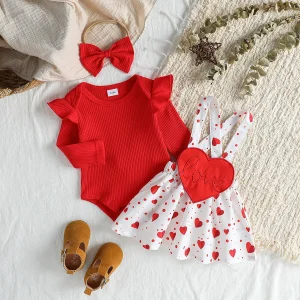 Printemps automne 3 pièces bébé fille robe, body et bandeau rouge et blanc coeur