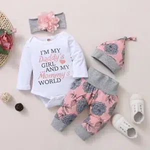 0-18 Mois habit bébé 4 pièces body, pantalon, bandeau, bonnet blanc, rose, gris