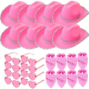 3Pcs Ensemble party chapeau cowboy paillettes, lunettes coeur et bandeau rose