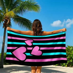 Serviette de plage 3 coeurs noir rose turquoise