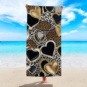 Serviette de plage coeur léopard or