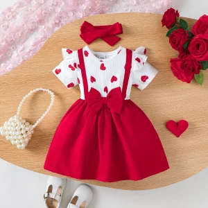 0-3 ans robe bébé fille rouge et blanche coeur boucles