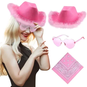 Ensemble Western Cowboy rose Chapeau plume, lunettes coeur et foulard