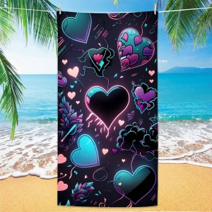 Serviette de plage néon coeur noir violet bleu