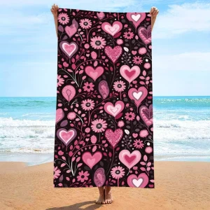 Serviette de plage coeur fleurs 27 x 55 " Noir et rose