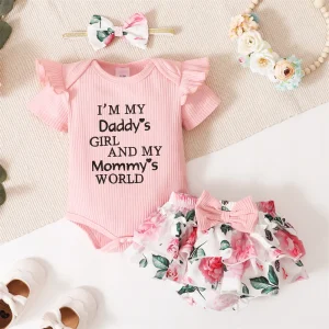 0-18M Ensemble 3 pièces body, short et bandeau Daddy's girl Mommy's world