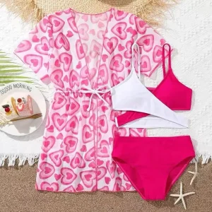 Bikini 3 pièces sortie de bain coeur rose pour filles