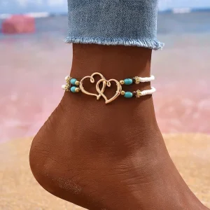 Double chaîne de cheville coeur style bohème