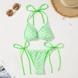 Bikini coeurs crocheté vert et blanc trangle lacets