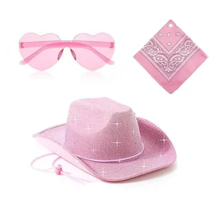 3pcs Chapeau de cowboy brillant, bandana et lunettes coeur, rose argent noir