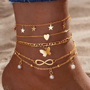 5pcs Chaîne de cheville étoile, coeur, infini, papillon, perle