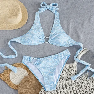 Maillot de bain bikini bleu attache coeur motif pétales