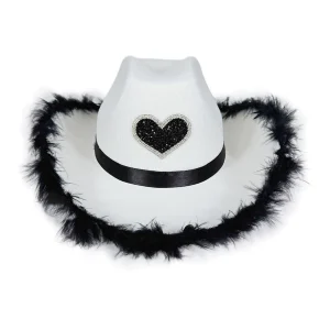 Chapeau de cowboy coeur en pierres du rhin et plumes noir et blanc