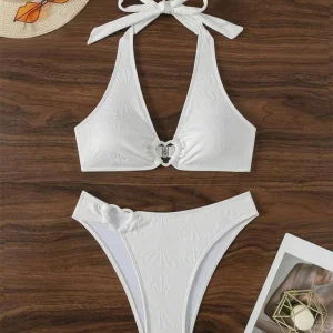 Bikini blanc ou noir motif brodé floral attache coeur