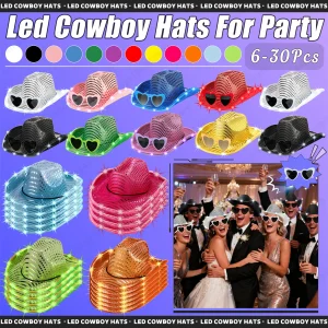 6-30Pcs chapeaux de cowboy à led et lunettes de soleil coeur pour partys