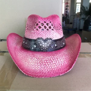 Chapeau de cowboy en paille ceinture coeur rose
