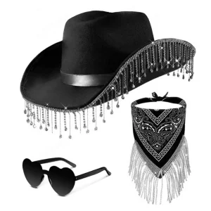 3pcs Ensemble chapeau de cowboy à frange, bandana et lunettes coeur noir rose blanc
