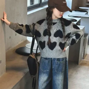 Pull tricot coeur fille décontracté gris et noir