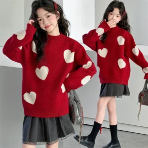 Pull coeur long stylisé pour fille rouge