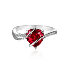 Bague coeur romantique argent sterling S925 moissanite rouge bleue