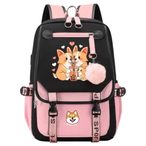 Cartable retour à l'école corgi chien coeur pompom noir