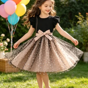 Robe fillette noir et beige tan coeurs boucle ceinture