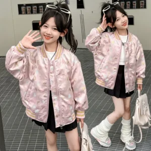 Jaquette de baseball motif coeur brillant pour fille rose