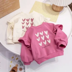 Sweatshirt bébé et fille rose ou ivoire 9 coeurs épaulettes