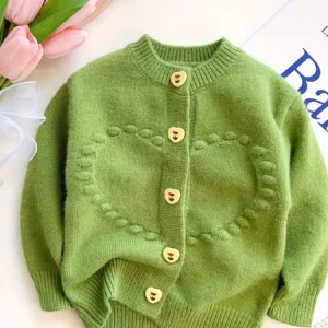 Jaquette fille coeur verte boutonnière automne, boutons tulipe 1-12 ans