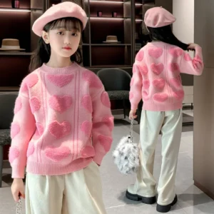 Nouveauté pull coeurs surélevés rose automne