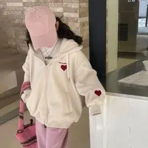 Sweatshirt à capuche automne fille coeur poitrine et manche rose ou ivoire