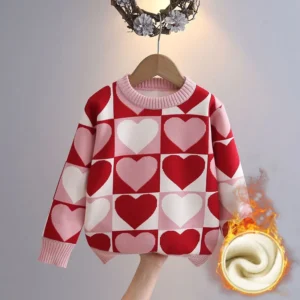 Pull fille à carreaux coeur rose rouge blanc