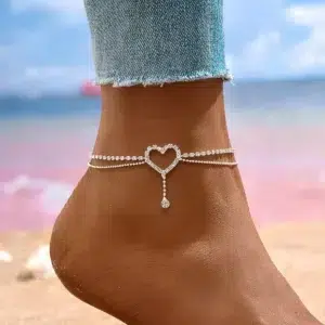 Chaîne de cheville pierre du Rhin coeur pendentif tombant double chaîne unique
