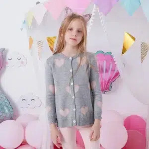 Veste cardigan fille coeur gris et rose à boutonnière