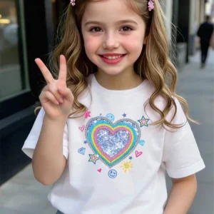 T-Shirt fillette coeur à paillettes