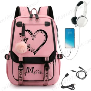 Cartable fille rose et noir coeur papillons port USB